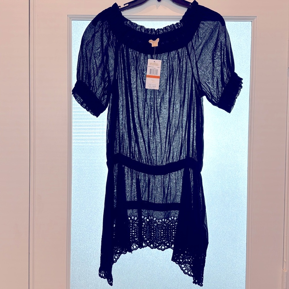 MK Top: Navy, Short sleeves, sheer, On/Off shoulder. 3/4 Length.